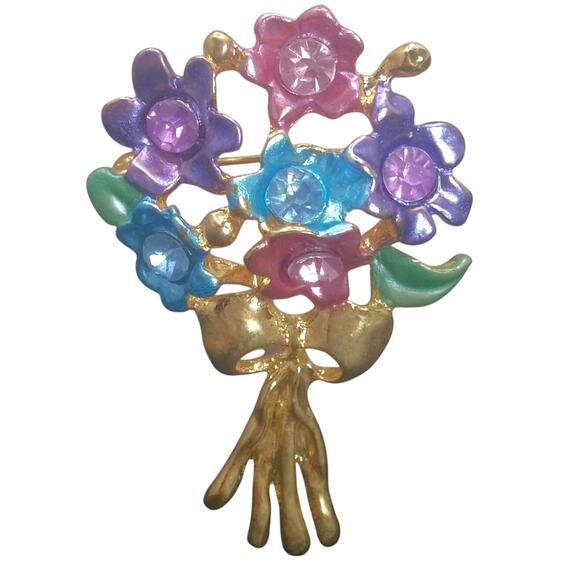 Vintage Floral Bouquet Brooch Pin Gold Tone Stem Bow Pastel Flower Gems Enamel - Picture 1 of 10